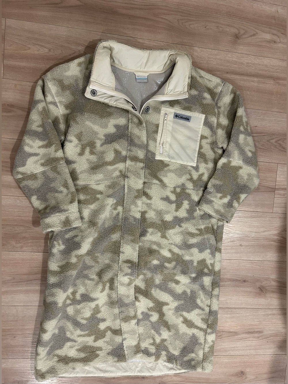 Columbia Camo Sherpa Fleece Long Jacket Neutral Camouflage Cozy